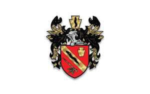 An ornate coat of arms featuring a red and gold shield with diagonal stripes, a dagger, and a stylized hammer. Flanked by intricate black and gold foliage, it includes a medieval helmet design above.
