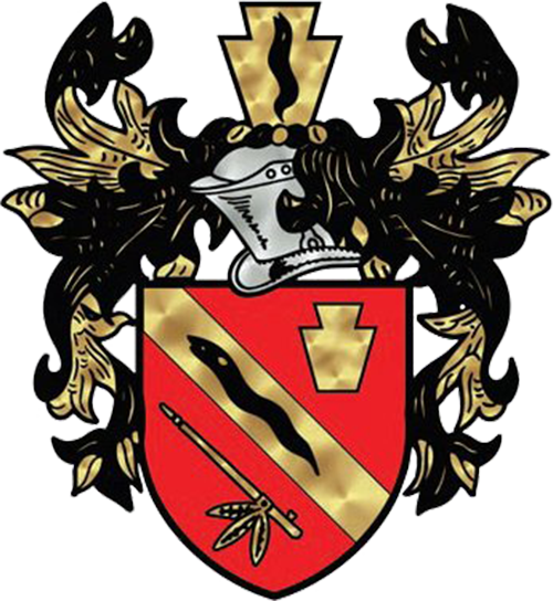 A heraldic crest features an ornate helmet atop a red shield. The shield displays a diagonal gold stripe with a black wavy line and a staff. Gold and black decorative mantling surrounds the helmet.