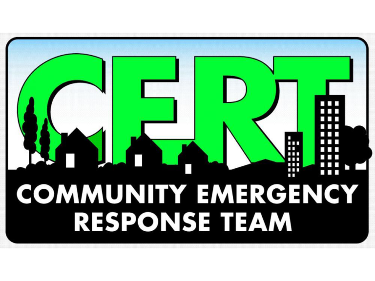 The image features the CERT logo in large green letters with a silhouette of houses, trees, and buildings against a gradient blue background. Below, the text reads "Community Emergency Response Team" in white on a black background.