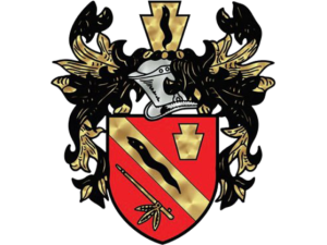 A heraldic coat of arms featuring a shiny metal helmet atop a red shield. The shield has a black serpent, a diagonal gold stripe, and a gold triangle. Black and gold decorative elements surround the shield.