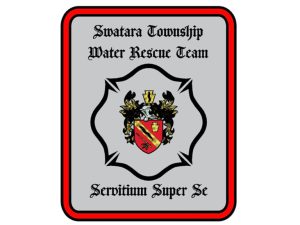 A logo for the Swatara Township Water Rescue Team. It features a coat of arms with a red diagonal stripe and various emblems. The text reads "Swatara Township Water Rescue Team" and "Servitium Super Se." The border is red and black.