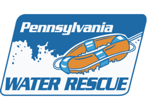 Logo featuring the text "Pennsylvania Water Rescue" in blue and white. An orange inflatable boat is depicted with water splash details on a blue background.